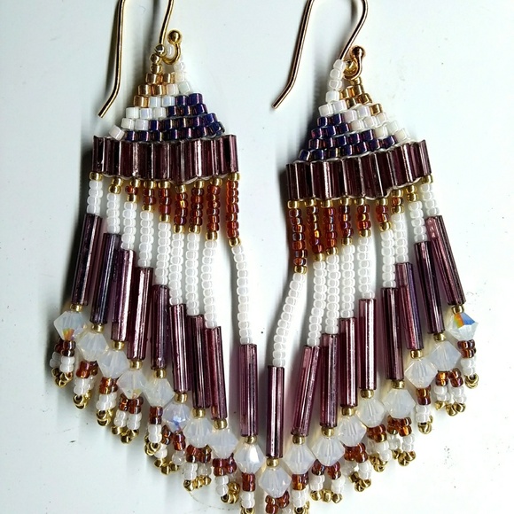 Hand Crafted Jewelry - JRW Handmade Purple Gold Swarovski Beaded Earrings